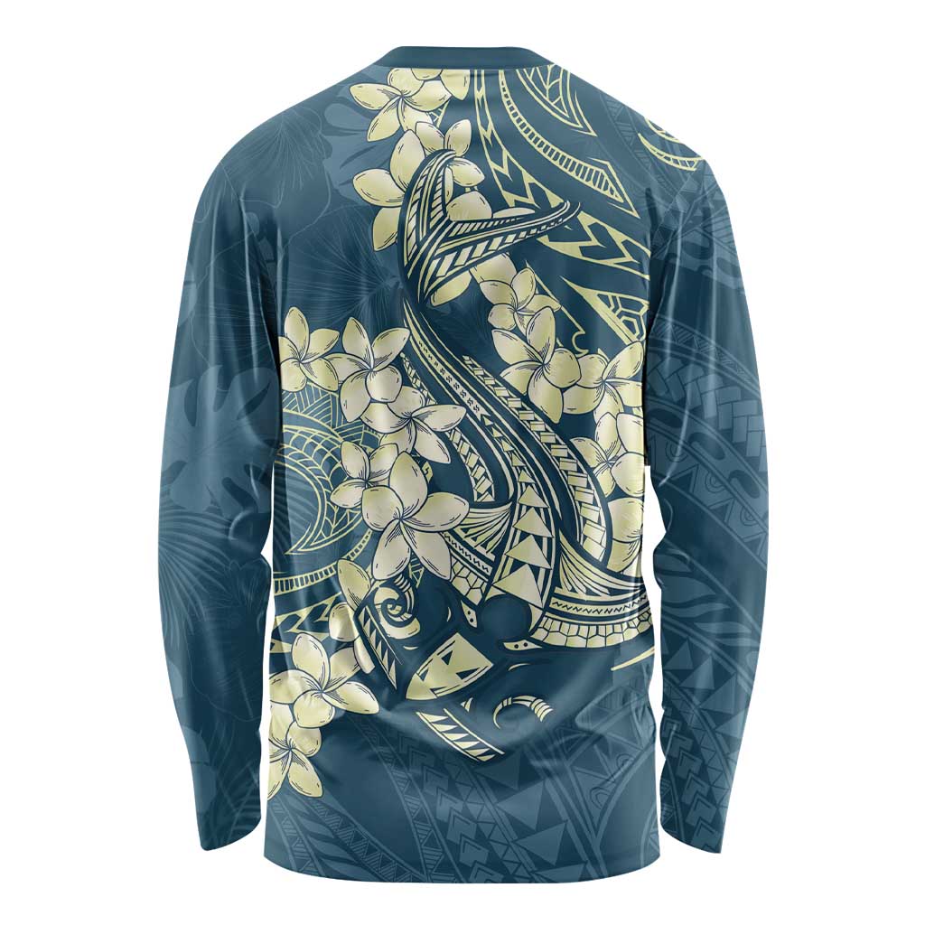 Cyan Polynesia Hammerhead Shark Tattoo With Plumeria Lei Long Sleeve Shirt LT14 - Polynesian Pride