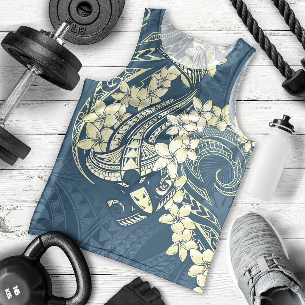 Cyan Polynesia Hammerhead Shark Tattoo With Plumeria Lei Men Tank Top