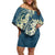 Cyan Polynesia Hammerhead Shark Tattoo With Plumeria Lei Off Shoulder Short Dress
