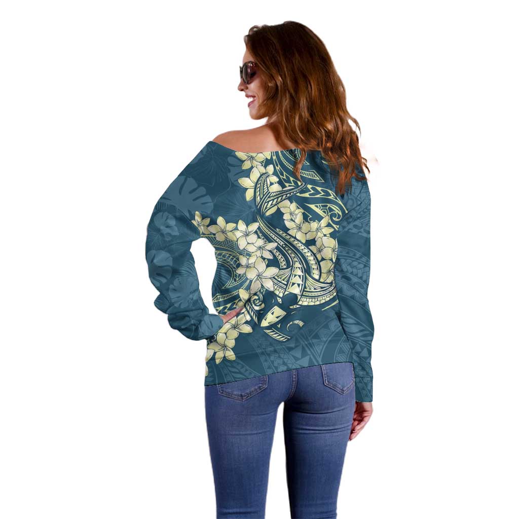 Cyan Polynesia Hammerhead Shark Tattoo With Plumeria Lei Off Shoulder Sweater