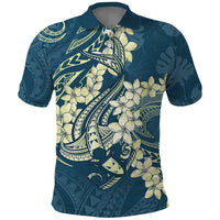 Cyan Polynesia Hammerhead Shark Tattoo With Plumeria Lei Polo Shirt