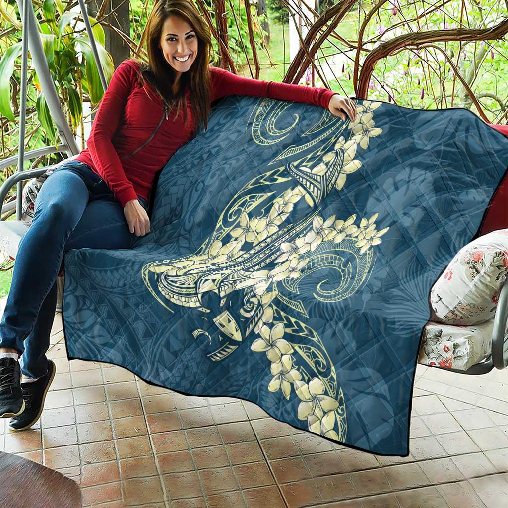 Cyan Polynesia Hammerhead Shark Tattoo With Plumeria Lei Quilt