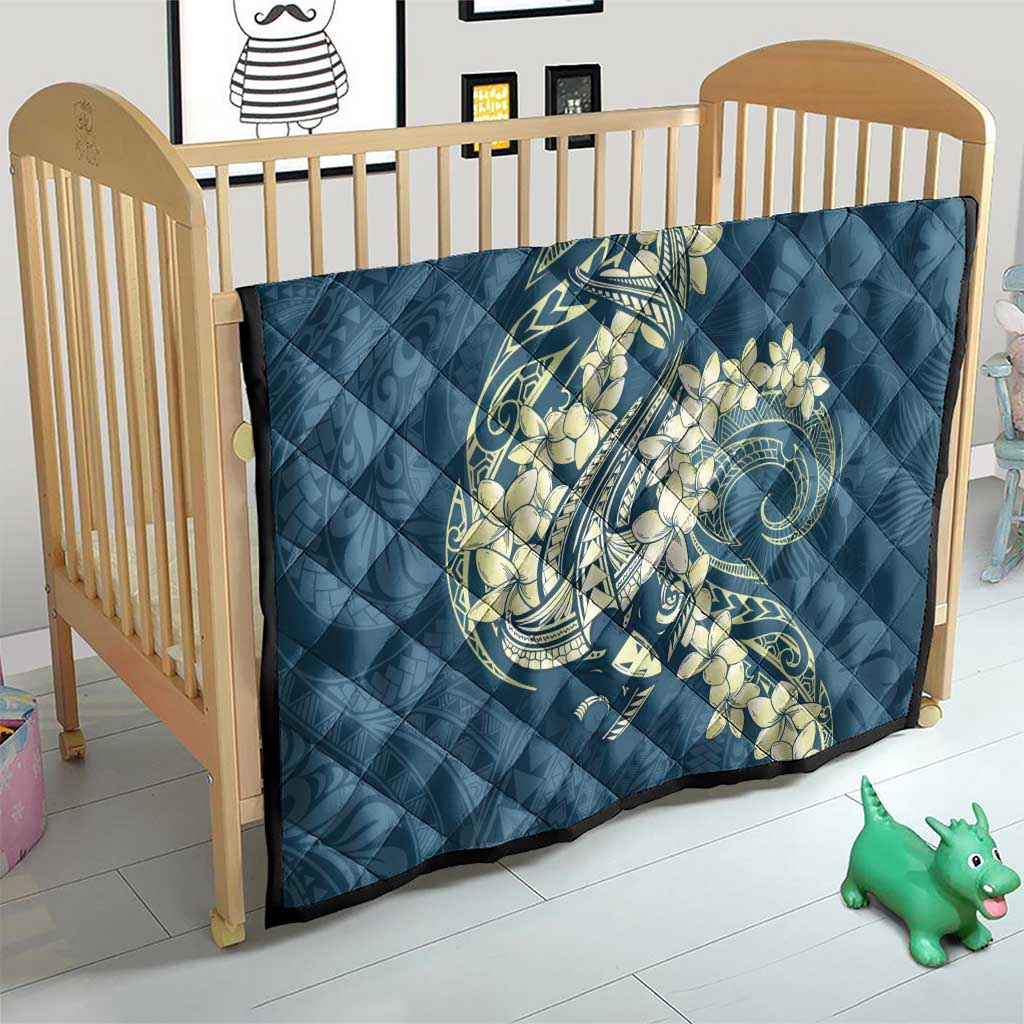 Cyan Polynesia Hammerhead Shark Tattoo With Plumeria Lei Quilt