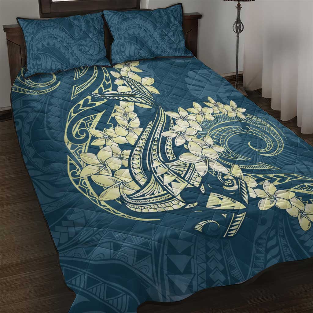 Cyan Polynesia Hammerhead Shark Tattoo With Plumeria Lei Quilt Bed Set LT14 Cyan - Polynesian Pride