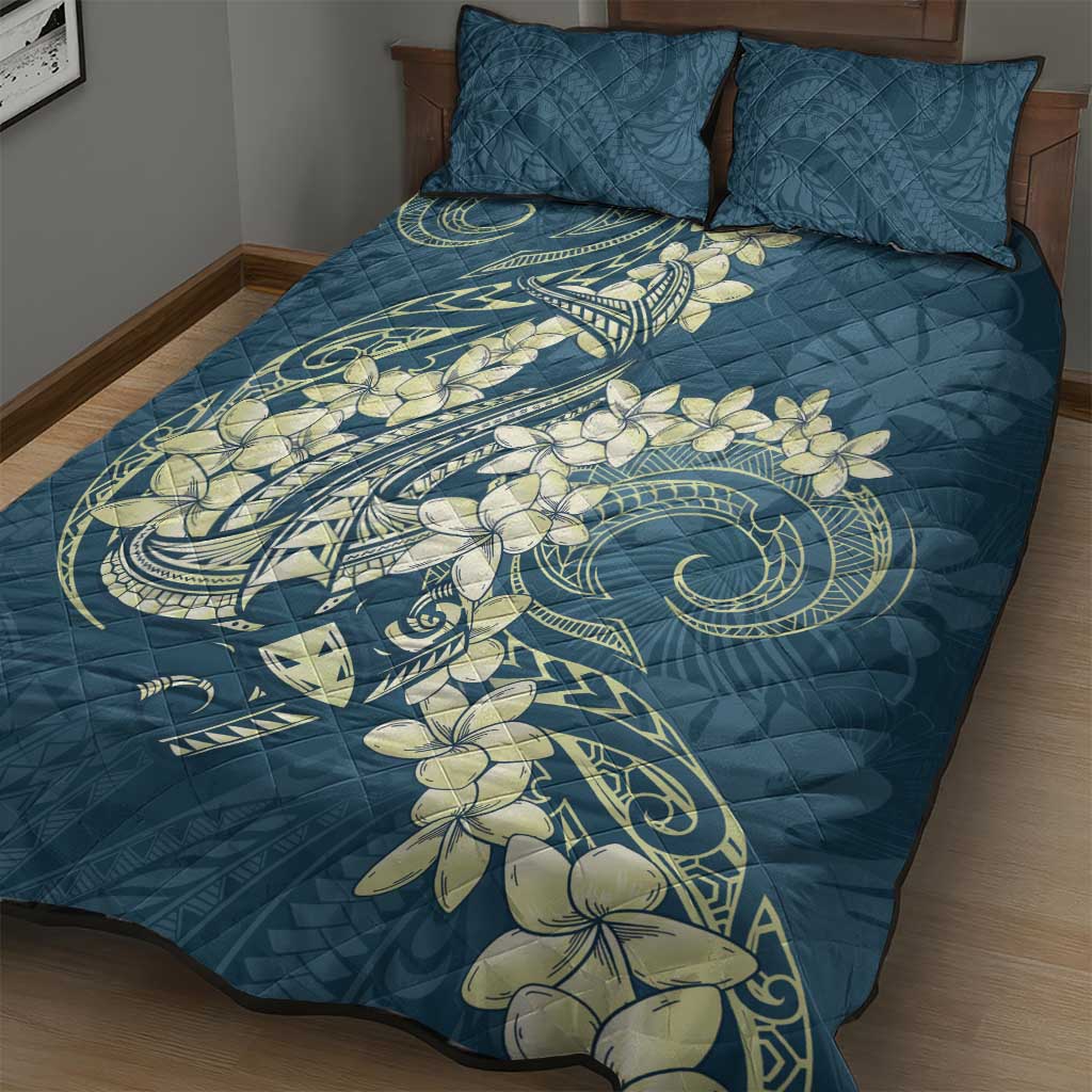Cyan Polynesia Hammerhead Shark Tattoo With Plumeria Lei Quilt Bed Set LT14 - Polynesian Pride