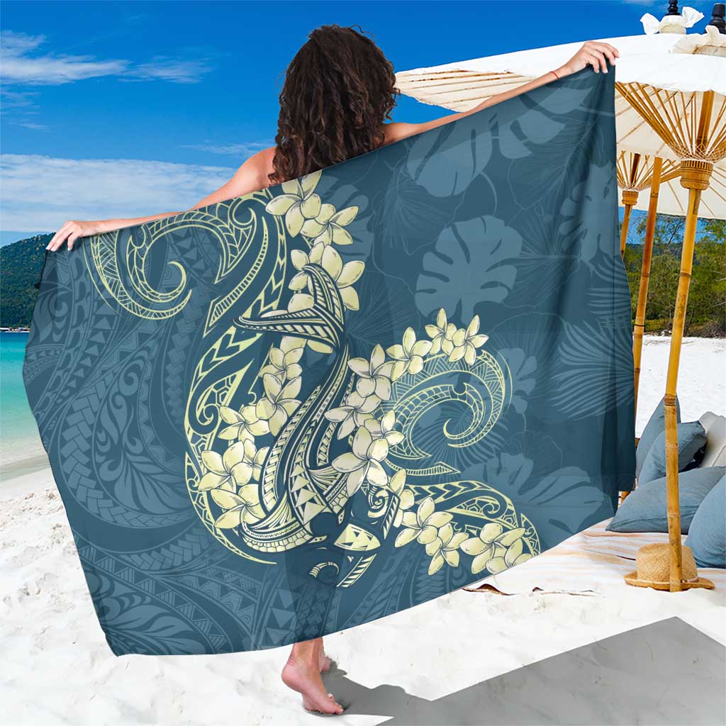 Cyan Polynesia Hammerhead Shark Tattoo With Plumeria Lei Sarong