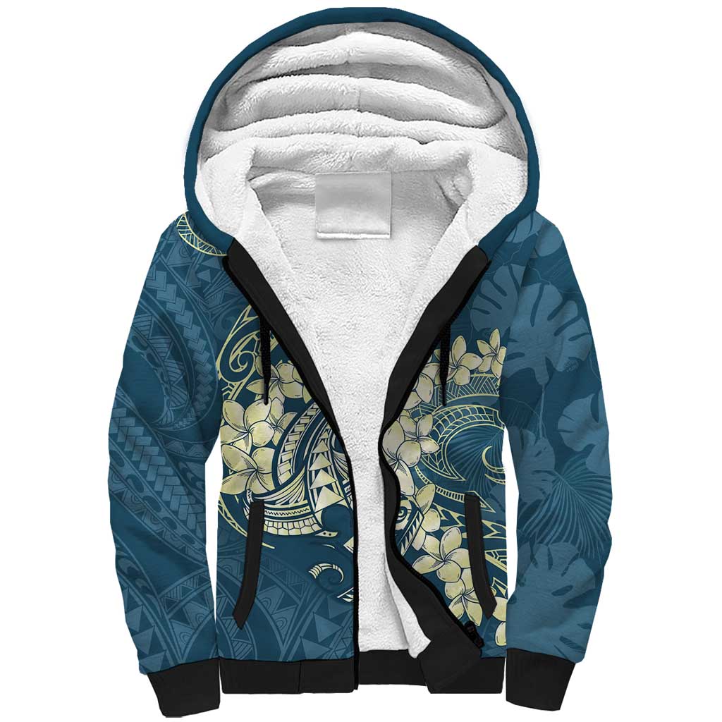 Cyan Polynesia Hammerhead Shark Tattoo With Plumeria Lei Sherpa Hoodie LT14 Unisex Cyan - Polynesian Pride