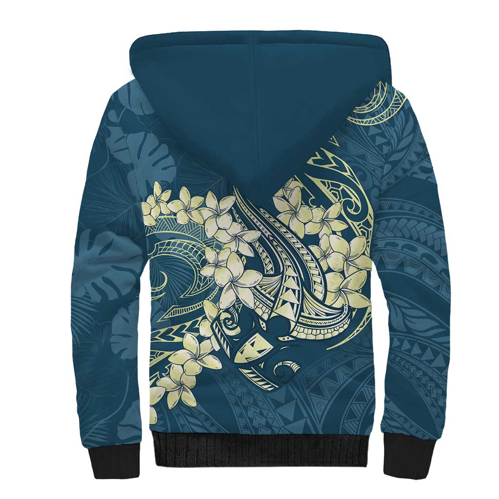 Cyan Polynesia Hammerhead Shark Tattoo With Plumeria Lei Sherpa Hoodie LT14 - Polynesian Pride