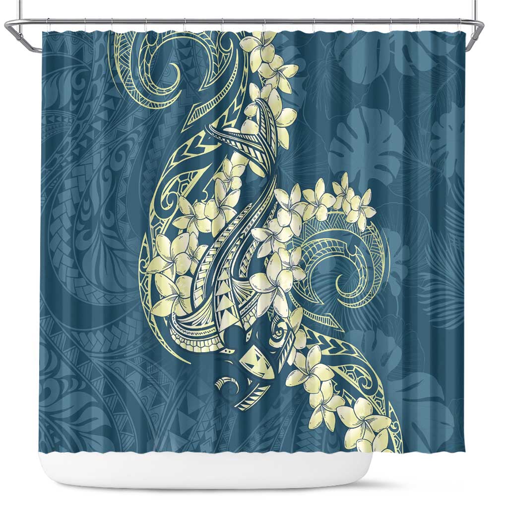 Cyan Polynesia Hammerhead Shark Tattoo With Plumeria Lei Shower Curtain