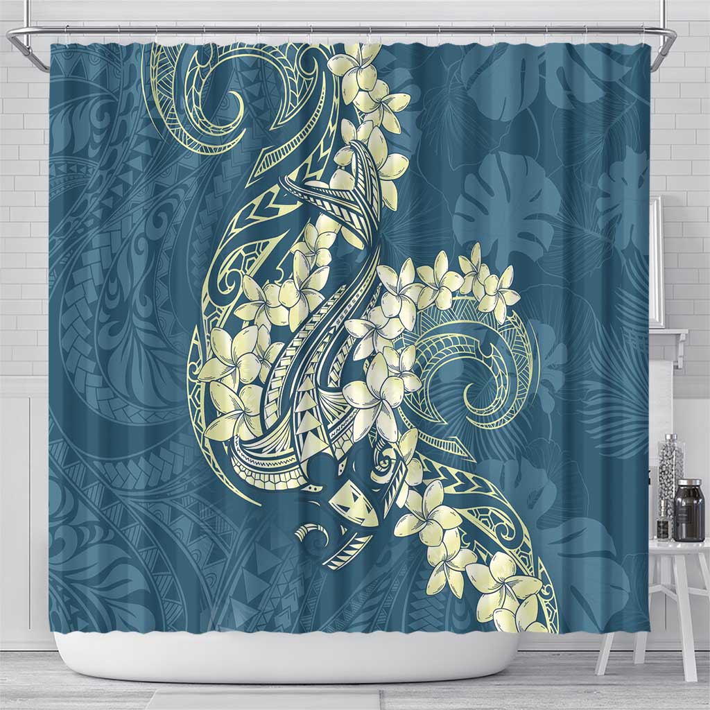 Cyan Polynesia Hammerhead Shark Tattoo With Plumeria Lei Shower Curtain