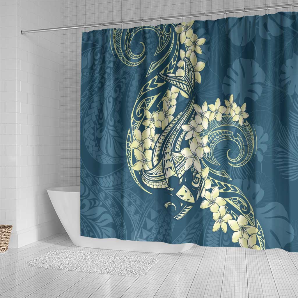 Cyan Polynesia Hammerhead Shark Tattoo With Plumeria Lei Shower Curtain