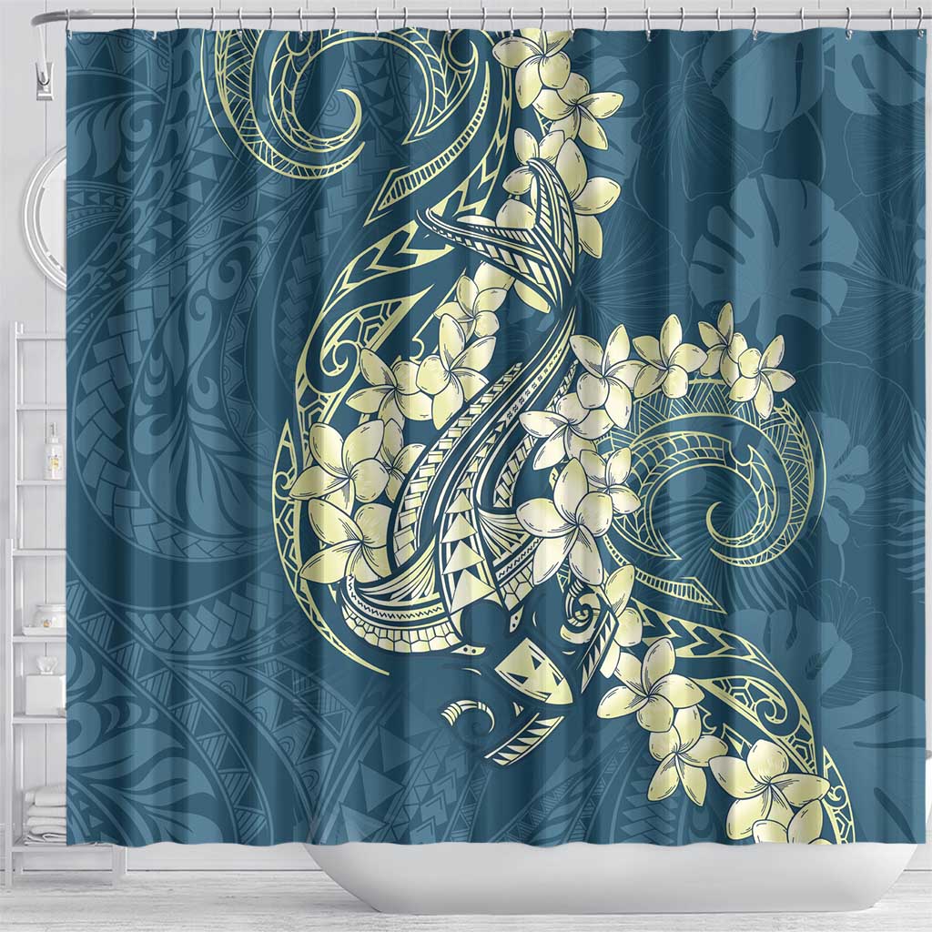 Cyan Polynesia Hammerhead Shark Tattoo With Plumeria Lei Shower Curtain