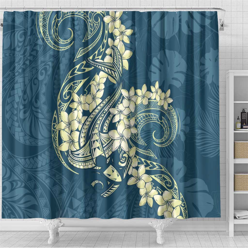 Cyan Polynesia Hammerhead Shark Tattoo With Plumeria Lei Shower Curtain