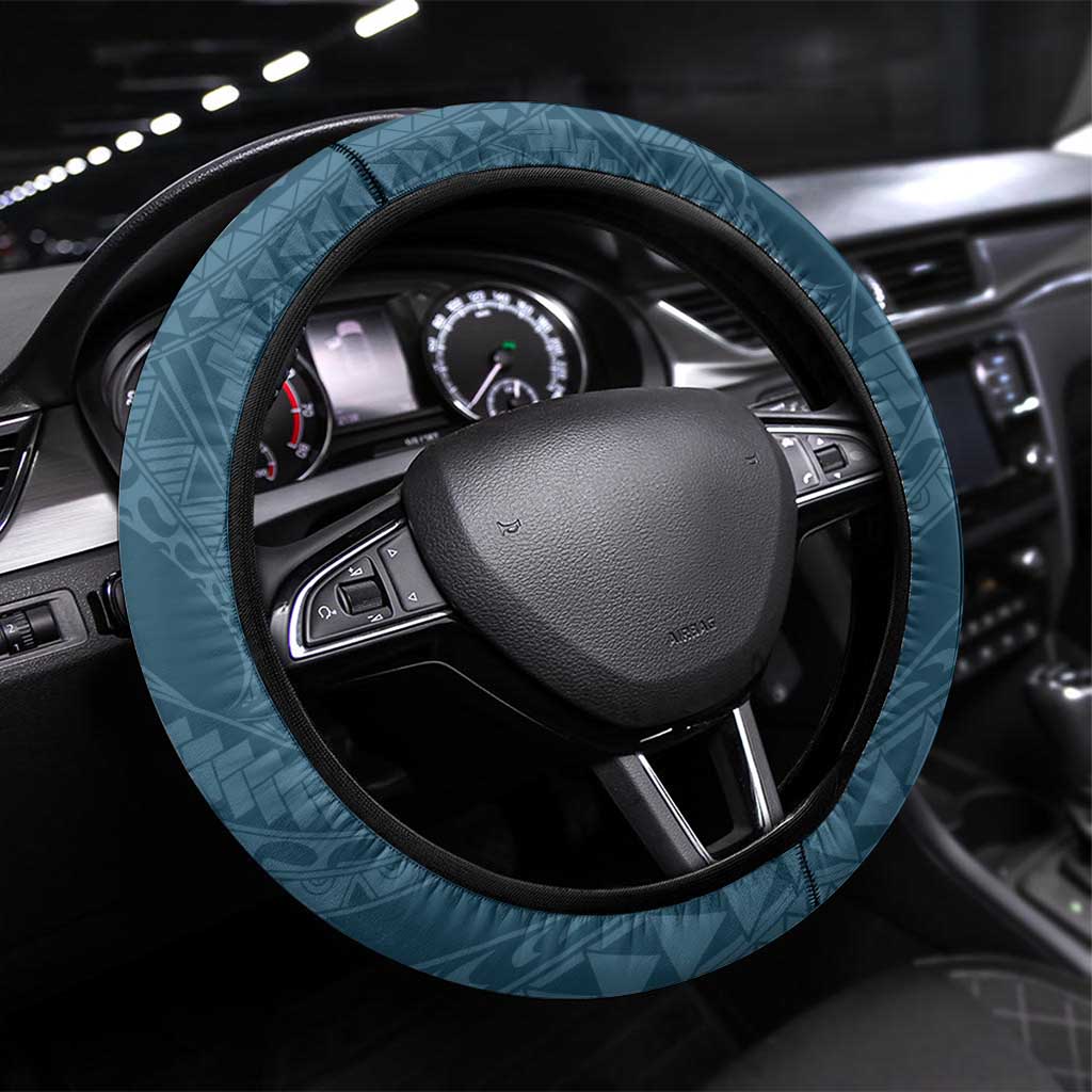 Cyan Polynesia Hammerhead Shark Tattoo With Plumeria Lei Steering Wheel Cover LT14 Universal Fit Cyan - Polynesian Pride