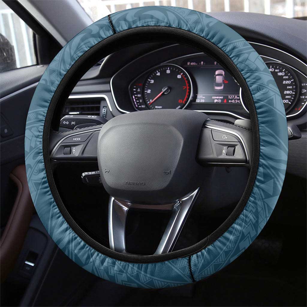 Cyan Polynesia Hammerhead Shark Tattoo With Plumeria Lei Steering Wheel Cover LT14 - Polynesian Pride