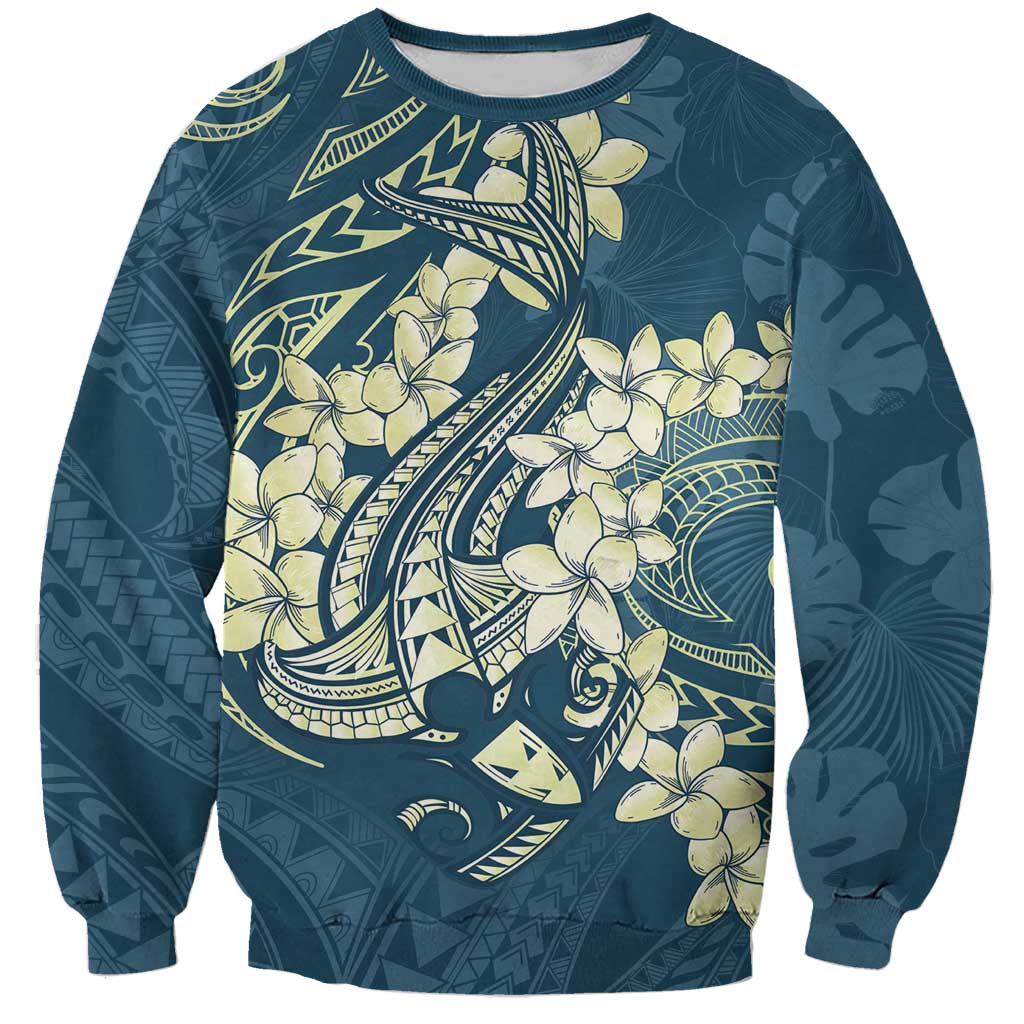 Cyan Polynesia Hammerhead Shark Tattoo With Plumeria Lei Sweatshirt LT14 Unisex Cyan - Polynesian Pride