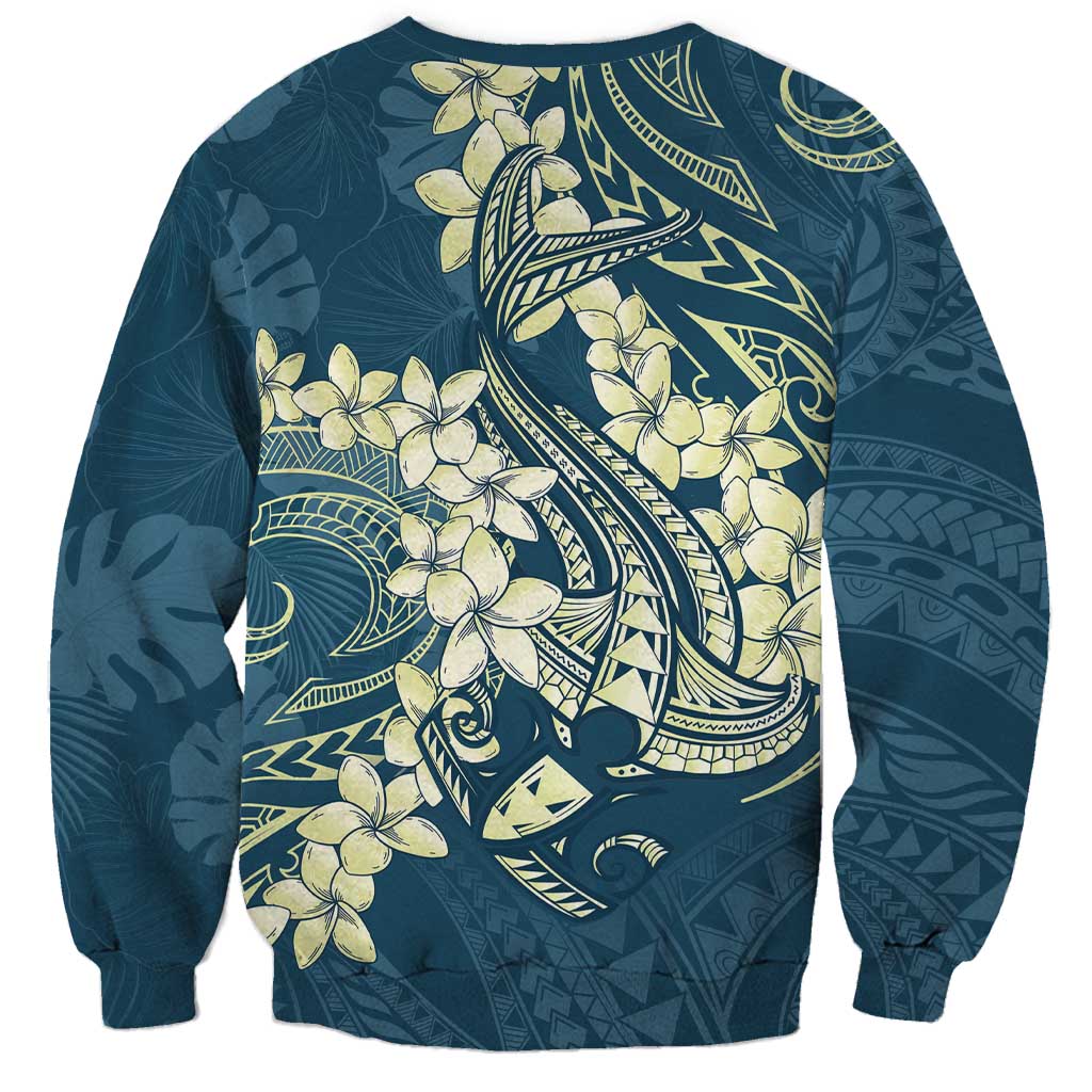 Cyan Polynesia Hammerhead Shark Tattoo With Plumeria Lei Sweatshirt LT14 - Polynesian Pride