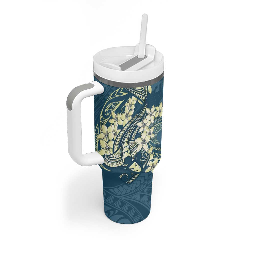 Cyan Polynesia Hammerhead Shark Tattoo With Plumeria Lei Tumbler With Handle