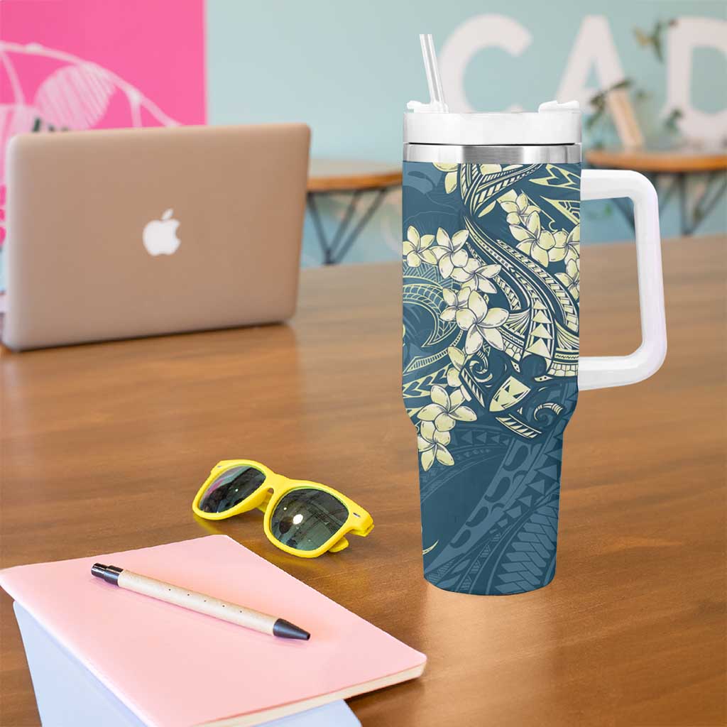 Cyan Polynesia Hammerhead Shark Tattoo With Plumeria Lei Tumbler With Handle