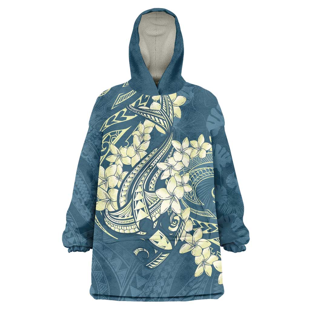 Cyan Polynesia Hammerhead Shark Tattoo With Plumeria Lei Wearable Blanket Hoodie LT14 One Size Cyan - Polynesian Pride
