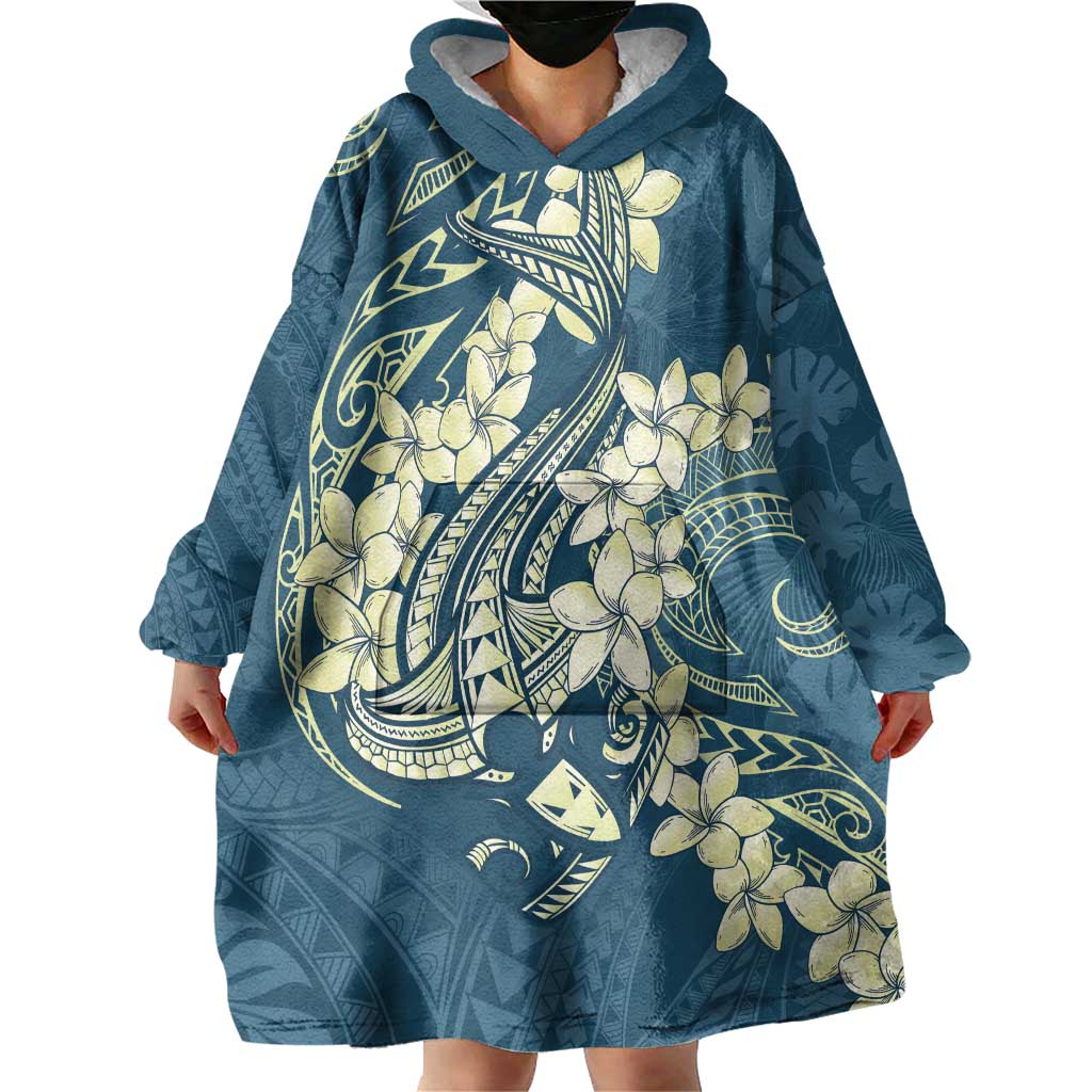Cyan Polynesia Hammerhead Shark Tattoo With Plumeria Lei Wearable Blanket Hoodie LT14 - Polynesian Pride