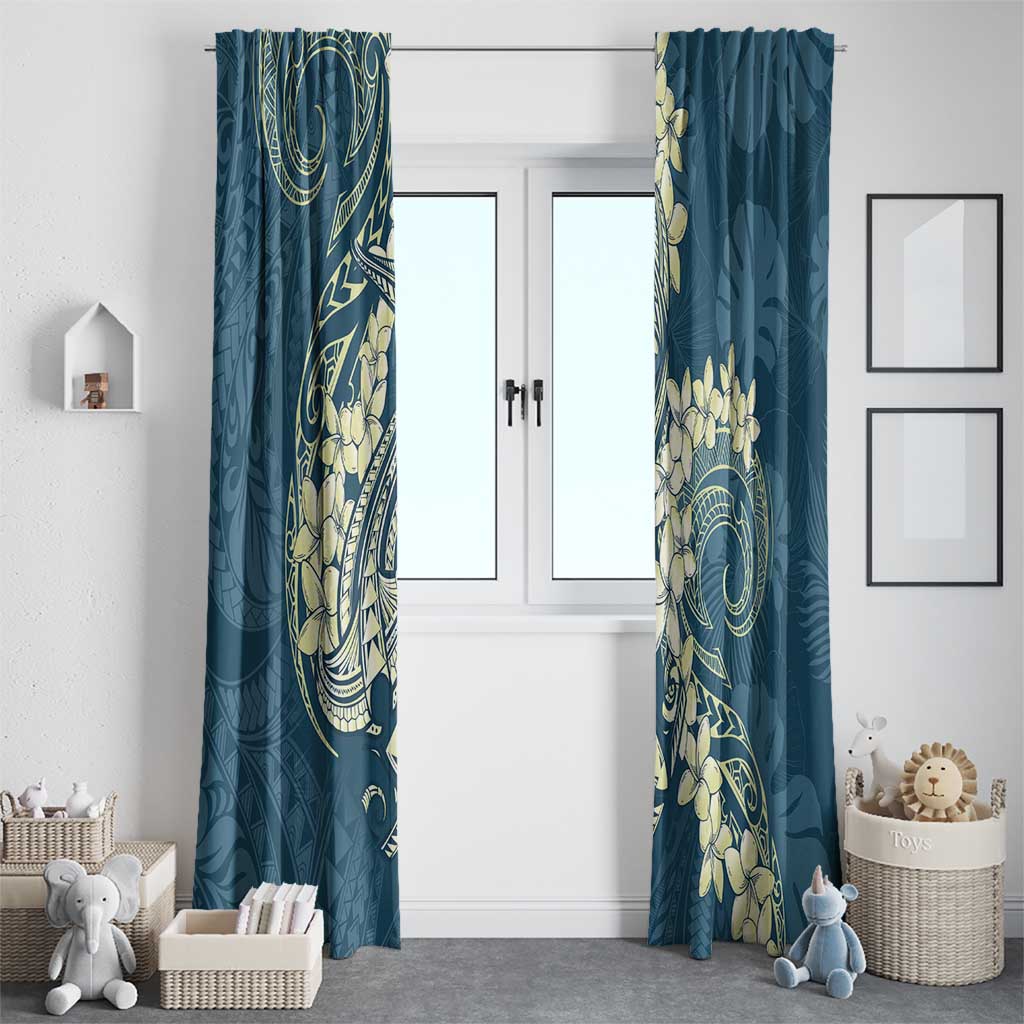 Cyan Polynesia Hammerhead Shark Tattoo With Plumeria Lei Window Curtain LT14 - Polynesian Pride
