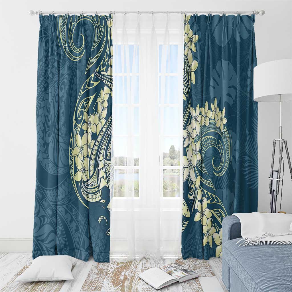 Cyan Polynesia Hammerhead Shark Tattoo With Plumeria Lei Window Curtain LT14 - Polynesian Pride