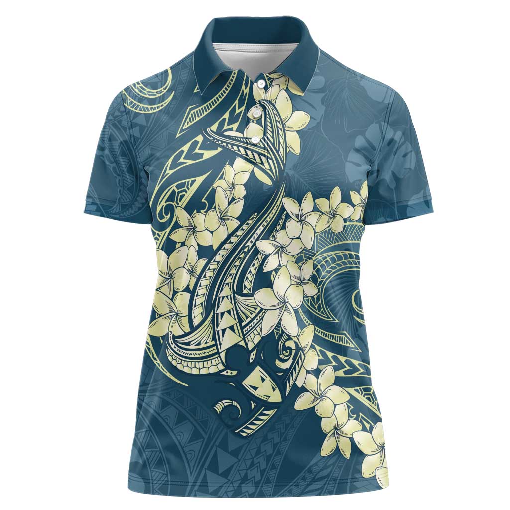 Cyan Polynesia Hammerhead Shark Tattoo With Plumeria Lei Women Polo Shirt
