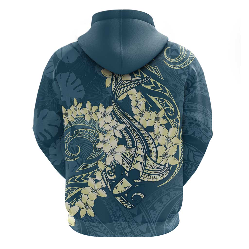 Cyan Polynesia Hammerhead Shark Tattoo With Plumeria Lei Zip Hoodie