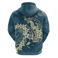 Cyan Polynesia Hammerhead Shark Tattoo With Plumeria Lei Zip Hoodie