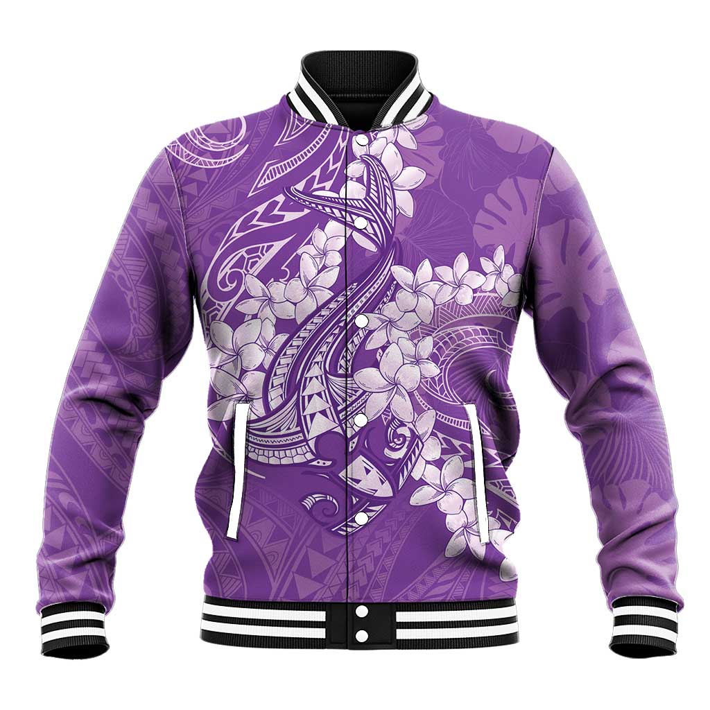 Purple Polynesia Hammerhead Shark Tattoo With Plumeria Lei Baseball Jacket LT14 Unisex Purple - Polynesian Pride