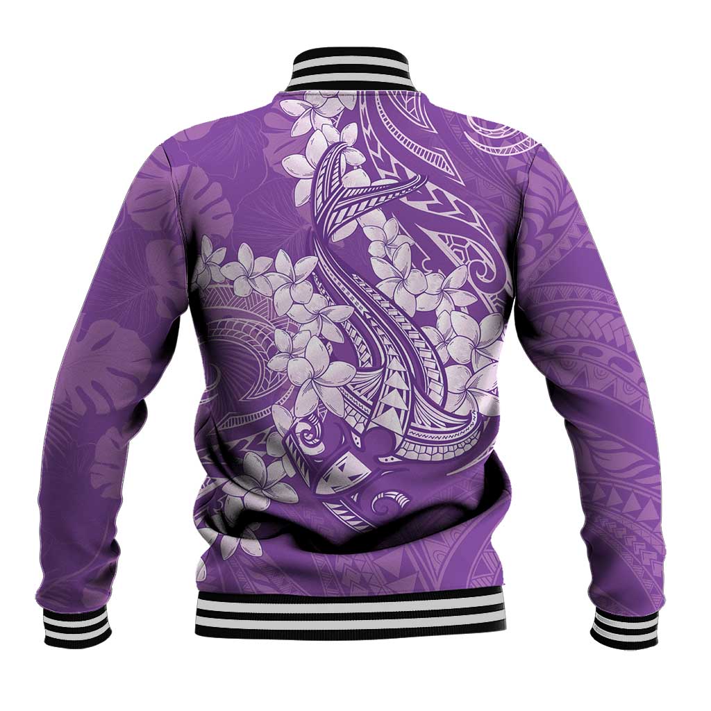Purple Polynesia Hammerhead Shark Tattoo With Plumeria Lei Baseball Jacket LT14 - Polynesian Pride