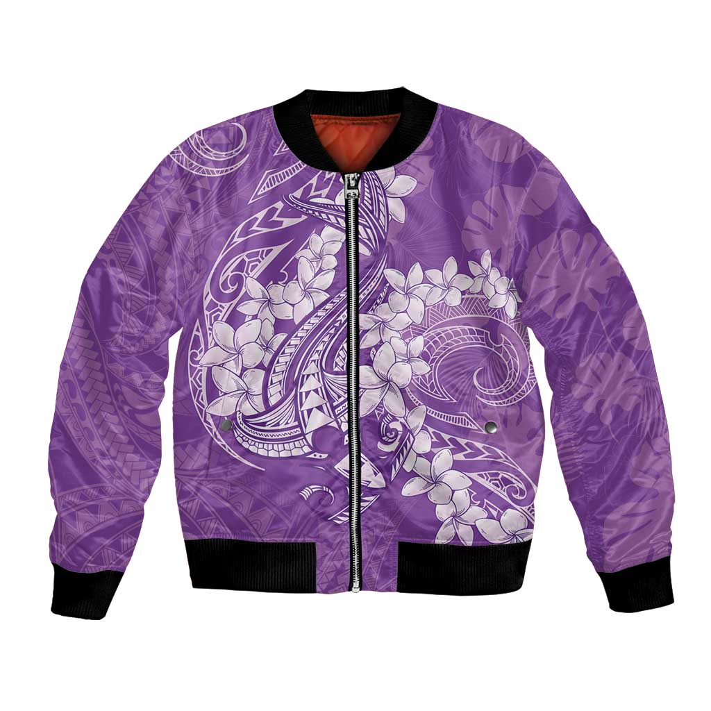 Purple Polynesia Hammerhead Shark Tattoo With Plumeria Lei Bomber Jacket
