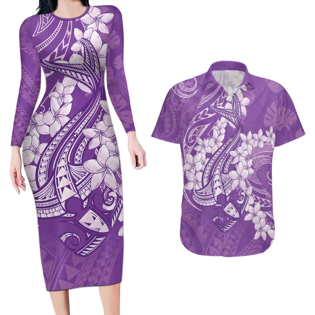 Purple Polynesia Hammerhead Shark Tattoo With Plumeria Lei Couples Matching Long Sleeve Bodycon Dress and Hawaiian Shirt