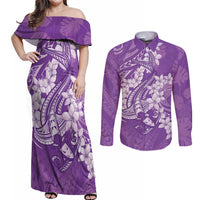 Purple Polynesia Hammerhead Shark Tattoo With Plumeria Lei Couples Matching Off Shoulder Maxi Dress and Long Sleeve Button Shirt LT14 Purple - Polynesian Pride