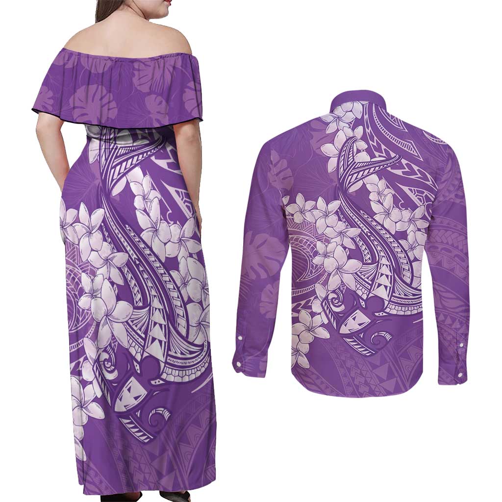 Purple Polynesia Hammerhead Shark Tattoo With Plumeria Lei Couples Matching Off Shoulder Maxi Dress and Long Sleeve Button Shirt LT14 - Polynesian Pride