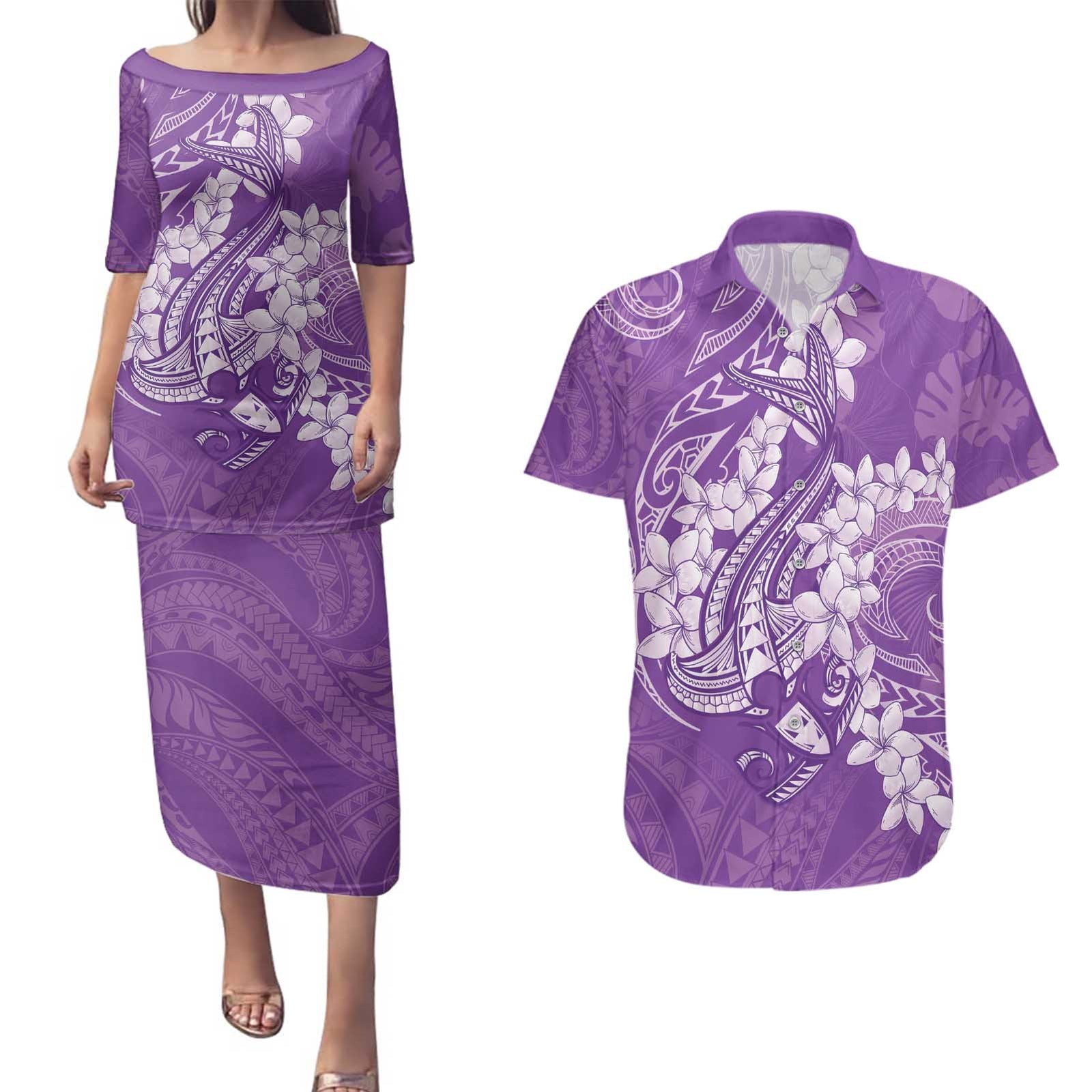 Purple Polynesia Hammerhead Shark Tattoo With Plumeria Lei Couples Matching Puletasi and Hawaiian Shirt LT14 Purple - Polynesian Pride