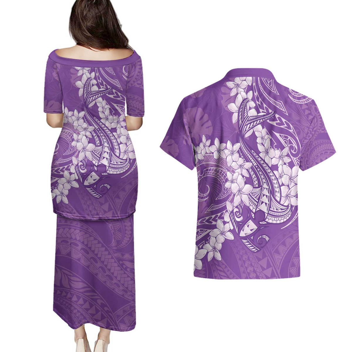 Purple Polynesia Hammerhead Shark Tattoo With Plumeria Lei Couples Matching Puletasi and Hawaiian Shirt LT14 - Polynesian Pride