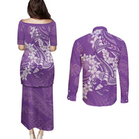 Purple Polynesia Hammerhead Shark Tattoo With Plumeria Lei Couples Matching Puletasi and Long Sleeve Button Shirt LT14 - Polynesian Pride