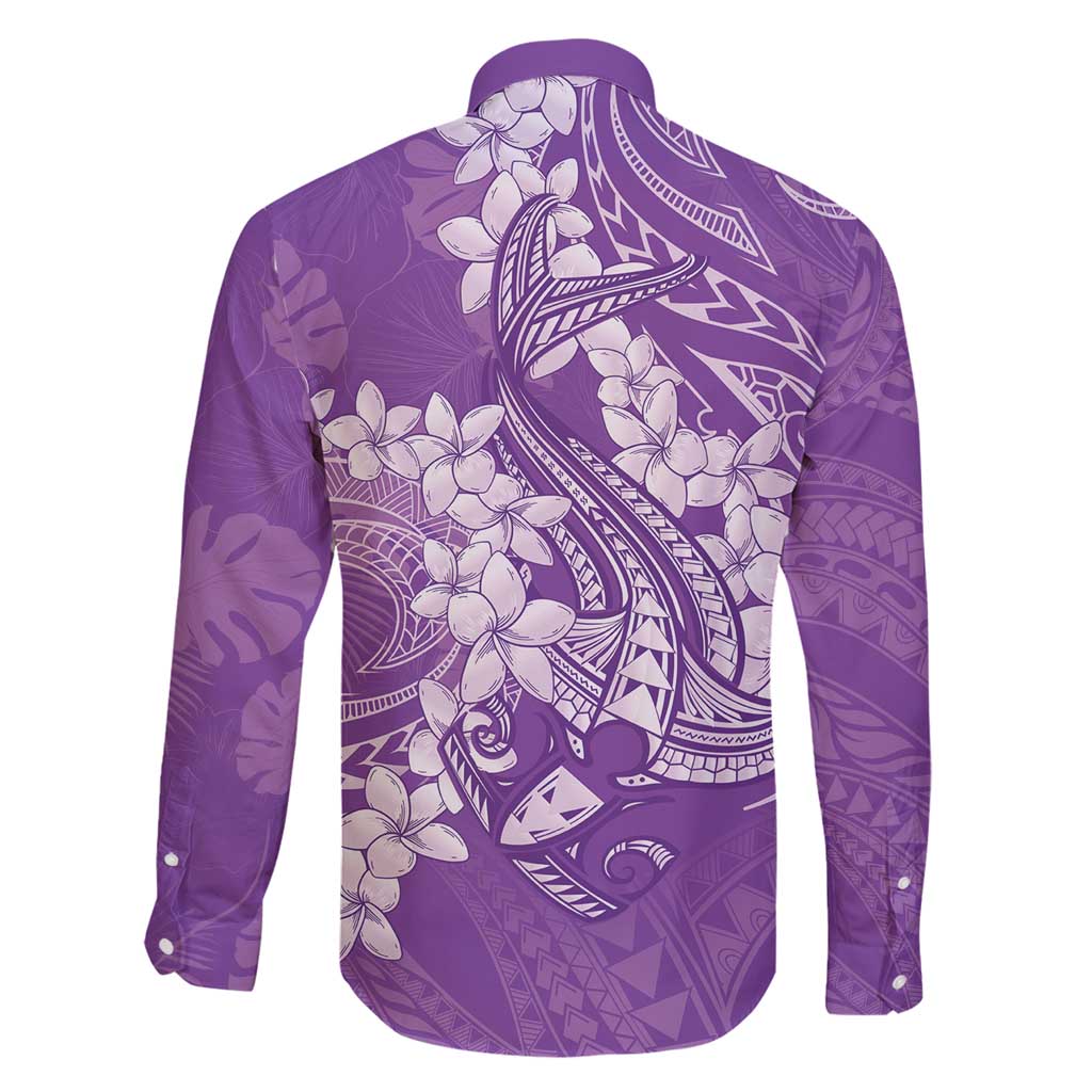 Purple Polynesia Hammerhead Shark Tattoo With Plumeria Lei Family Matching Long Sleeve Bodycon Dress and Hawaiian Shirt