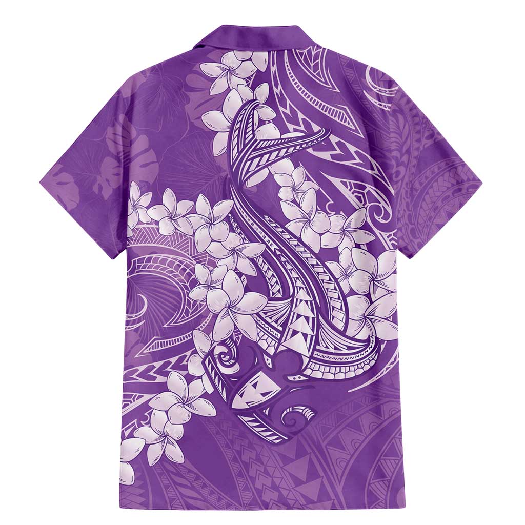 Purple Polynesia Hammerhead Shark Tattoo With Plumeria Lei Family Matching Mermaid Dress and Hawaiian Shirt