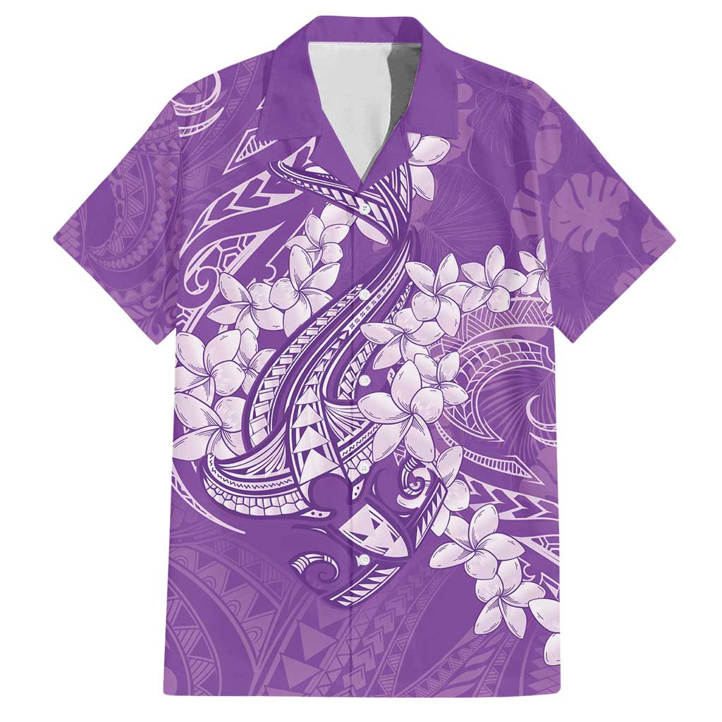 Purple Polynesia Hammerhead Shark Tattoo With Plumeria Lei Family Matching Off Shoulder Short Dress and Hawaiian Shirt