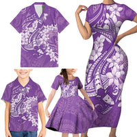 Purple Polynesia Hammerhead Shark Tattoo With Plumeria Lei Family Matching Short Sleeve Bodycon Dress and Hawaiian Shirt