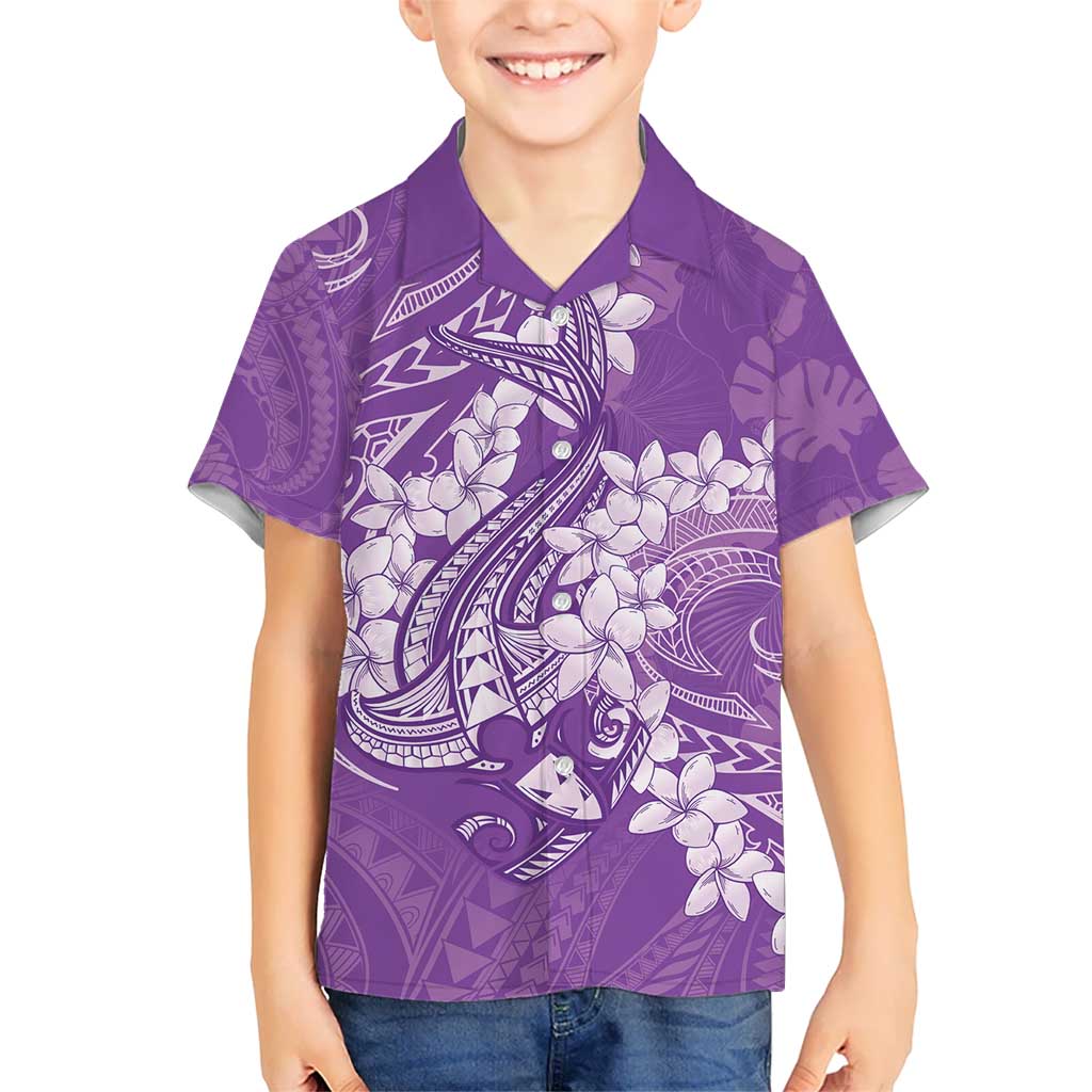 Purple Polynesia Hammerhead Shark Tattoo With Plumeria Lei Kid Hawaiian Shirt LT14 Kid Purple - Polynesian Pride