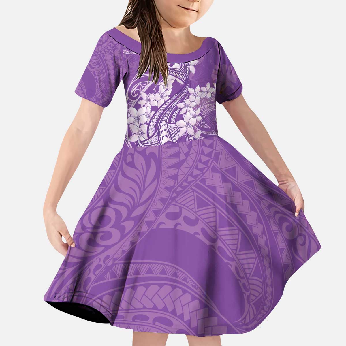 Purple Polynesia Hammerhead Shark Tattoo With Plumeria Lei Kid Short Sleeve Dress LT14 KID Purple - Polynesian Pride