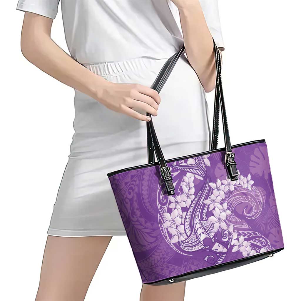 Purple Polynesia Hammerhead Shark Tattoo With Plumeria Lei Leather Tote Bag