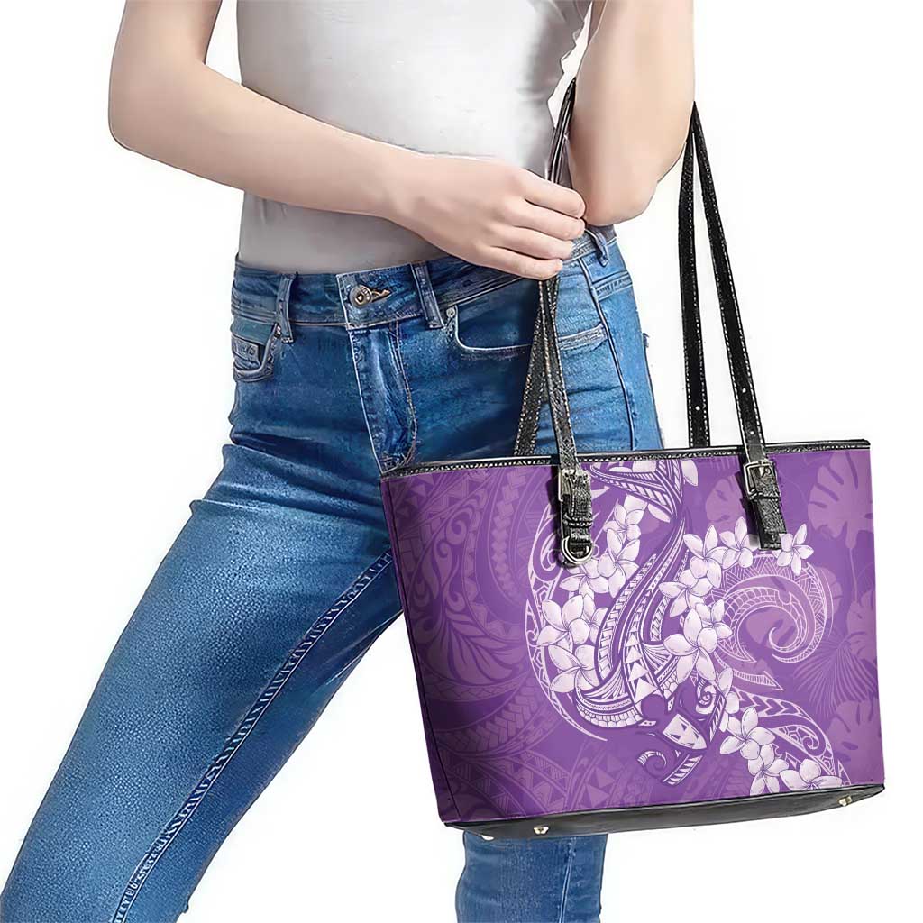 Purple Polynesia Hammerhead Shark Tattoo With Plumeria Lei Leather Tote Bag