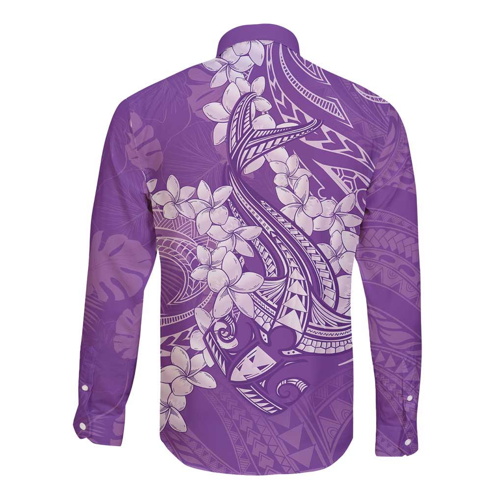 Purple Polynesia Hammerhead Shark Tattoo With Plumeria Lei Long Sleeve Button Shirt LT14 - Polynesian Pride