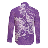 Purple Polynesia Hammerhead Shark Tattoo With Plumeria Lei Long Sleeve Button Shirt LT14 - Polynesian Pride