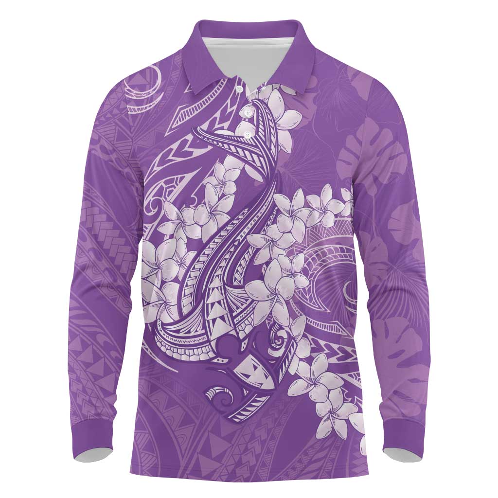 Purple Polynesia Hammerhead Shark Tattoo With Plumeria Lei Long Sleeve Polo Shirt